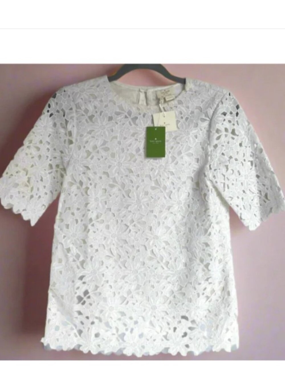 Kate Spade Floral Lace Overlay Top White Elbow Sleeve Lined Blouse Size 2